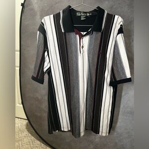 VTG Knights of Round Table Men's Striped Polo Shirt - Black, White, and Gray